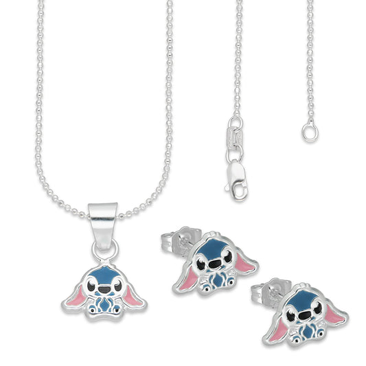 LPADJ073 Set Aretes + Dije + Cadena Stitch Azul Diámetro 1.6 cm en Plata Ley .925