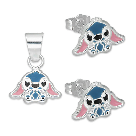 LPADJ074 Set de Aretes y Dije Stitch Azul Diámetro 1.6 cm en Plata Ley .925
