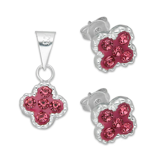 LPADJ076 Set de Aretes y Dije Trébol Rosa Cristalitos Diámetro 2.1 cm en Plata Ley .925