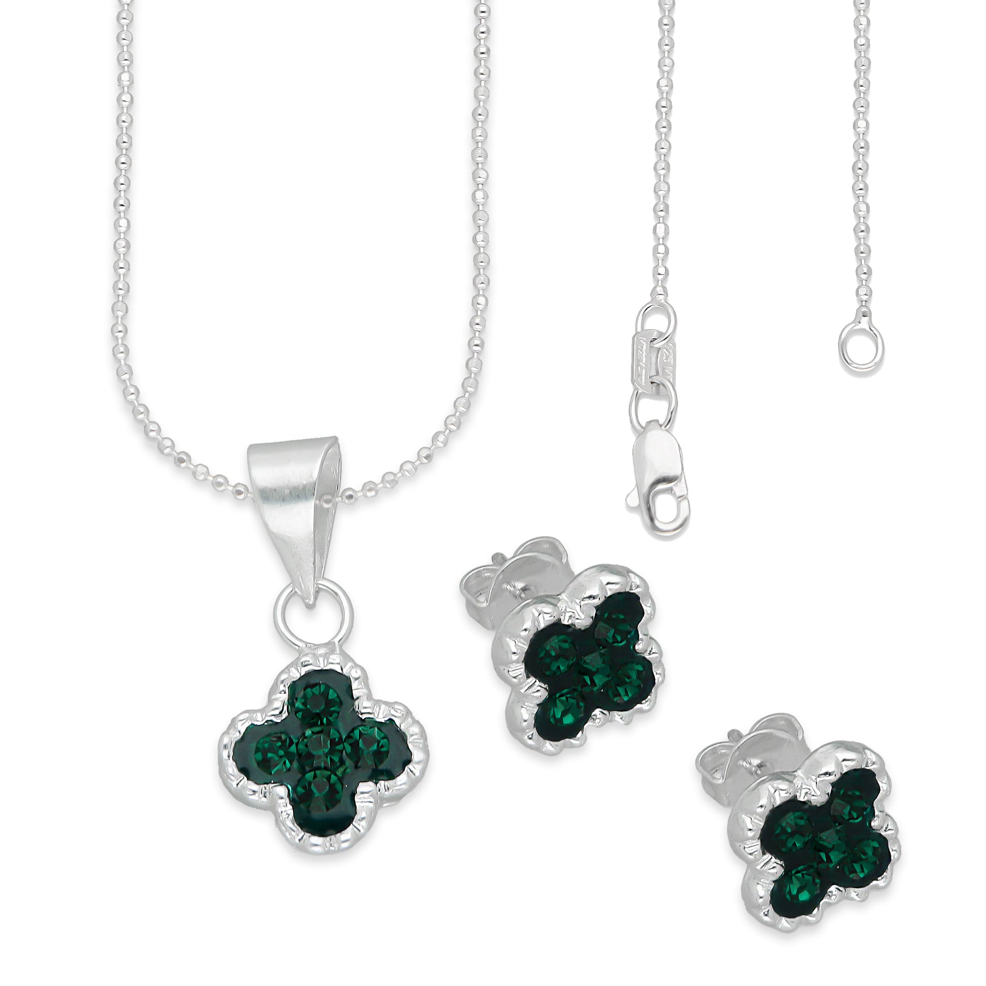 LPADJ077 Set Aretes + Dije + Cadena Trébol Verde Cristalitos Diámetro 2.1 cm en Plata Ley .925