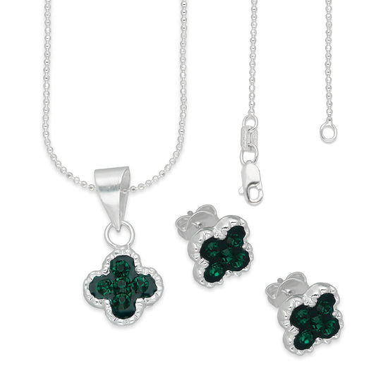 LPADJ077 Set Aretes + Dije + Cadena Trébol Verde Cristalitos Diámetro 2.1 cm en Plata Ley .925