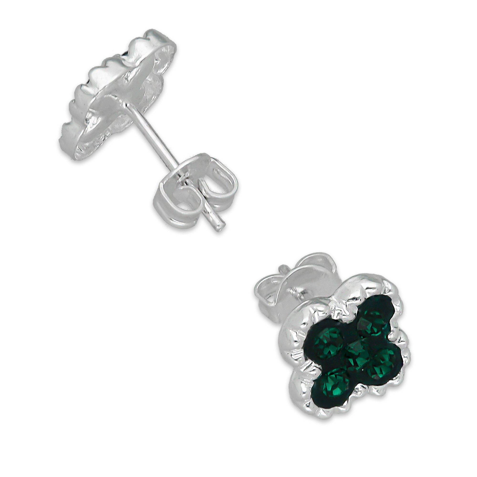 LPADJ078 Set de Aretes y Dije Trébol Verde Cristalitos Diámetro 2.1 cm en Plata Ley .925