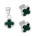 LPADJ078 Set de Aretes y Dije Trébol Verde Cristalitos Diámetro 2.1 cm en Plata Ley .925