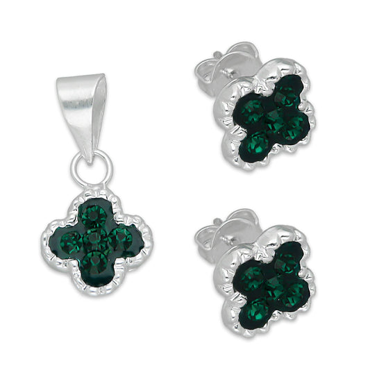 LPADJ078 Set de Aretes y Dije Trébol Verde Cristalitos Diámetro 2.1 cm en Plata Ley .925