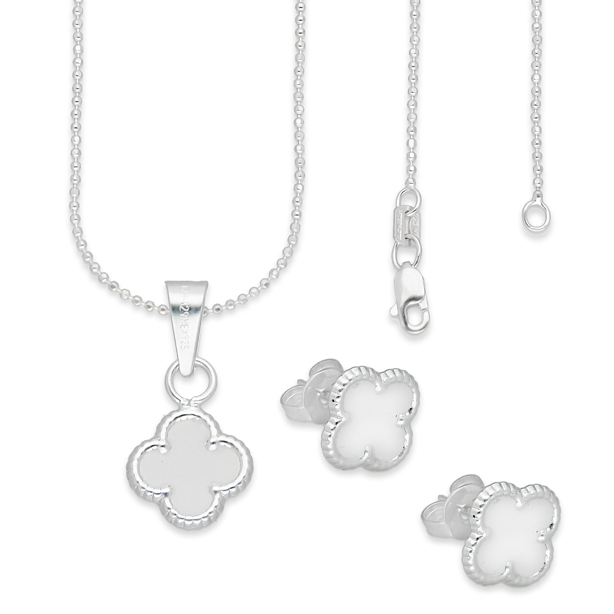 LPADJ079 Set Aretes + Dije + Cadena Trébol Blanco Nal Diámetro 1.9 cm en Plata Ley .925