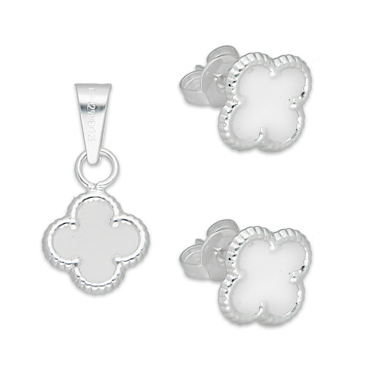 LPADJ080 Set de Aretes y Dije Trébol Blanco Nal Diámetro 1.9 cm en Plata Ley .925