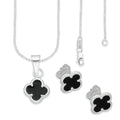 LPADJ081 Set Aretes + Dije + Cadena Trébol Negro Nal Diámetro 1.9 cm en Plata Ley .925