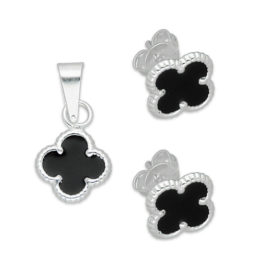 LPADJ082 Set de Aretes y Dije Trébol Negro Nal Diámetro 1.9 cm en Plata Ley .925