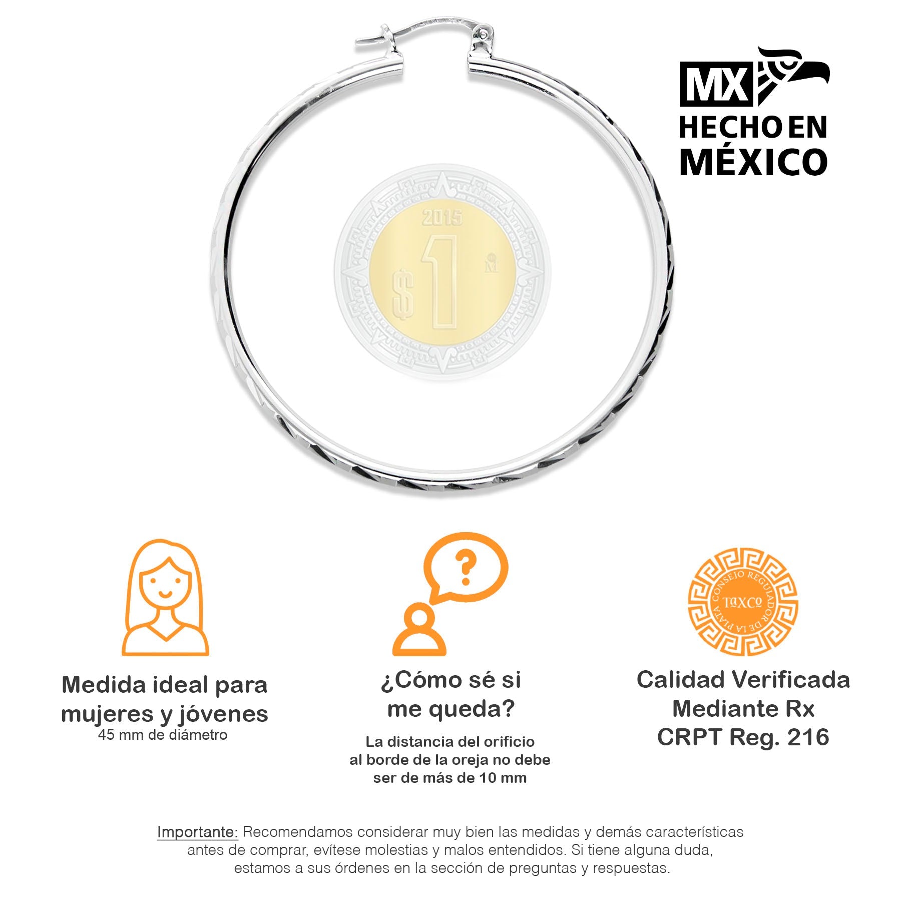 LPAF010 Arracada De Plata .925 - 45 Mm T6 Mod Facetada Bambú Taxco MLM922887029
