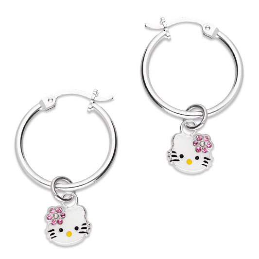 LPYAL001 Arracada Lisa con Colgante 19 mm Kitty Esmalte Florecita Zirconias en Plata .925