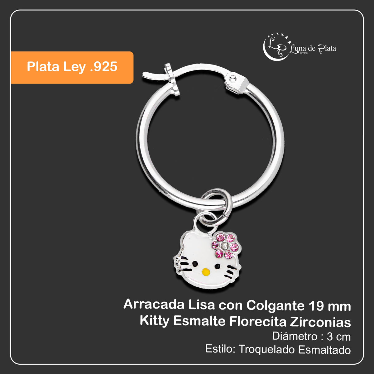 LPYAL001 Arracada Lisa con Colgante 19 mm Kitty Esmalte Florecita Zirconias en Plata .925