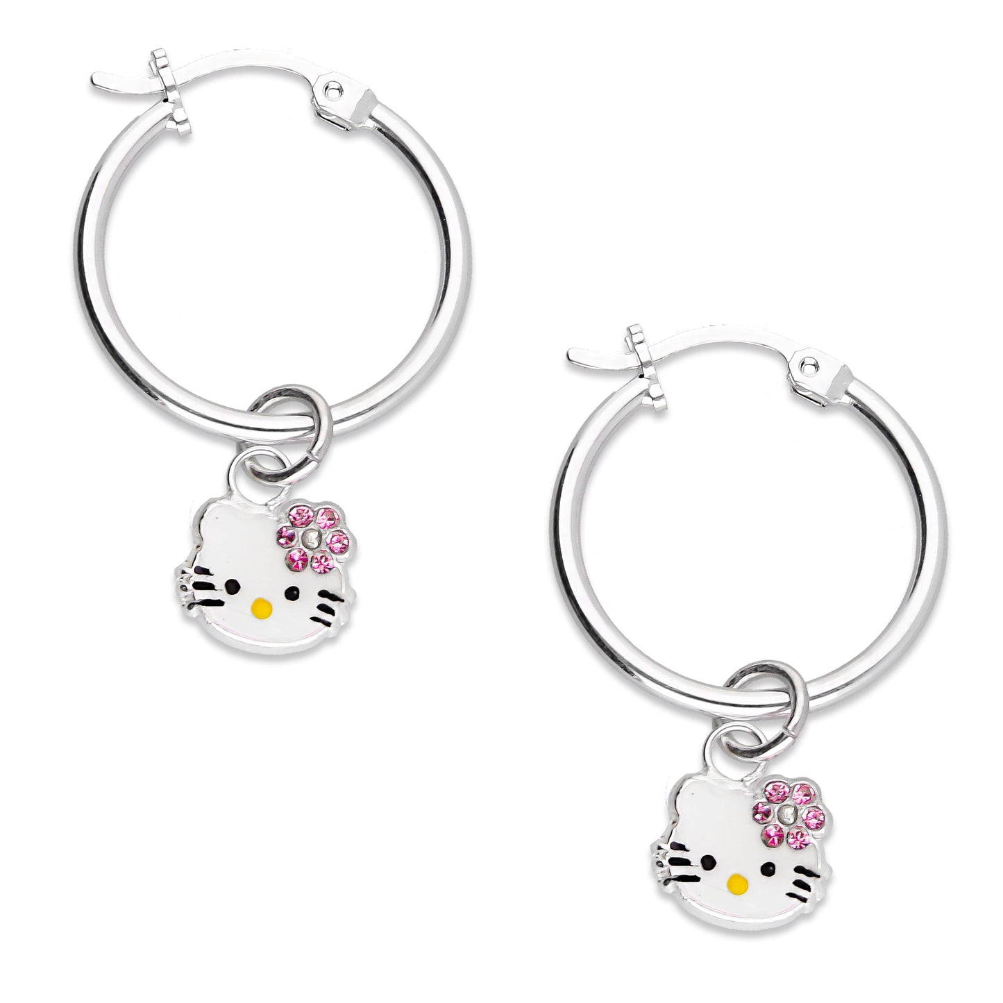 LPYAL001 Arracada Lisa con Colgante 19 mm Kitty Esmalte Florecita Zirconias en Plata .925