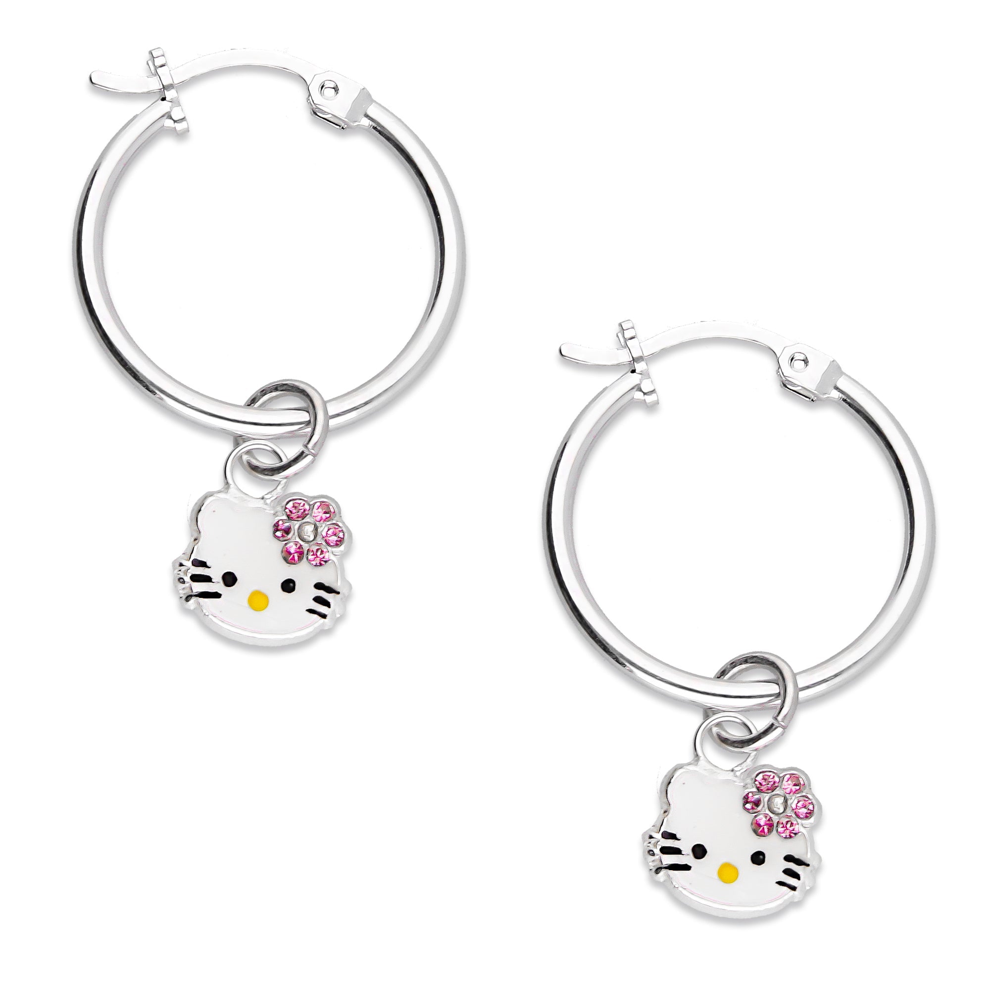 LPYAL001 Arracada Lisa con Colgante 19 mm Kitty Esmalte Florecita Zirconias en Plata .925