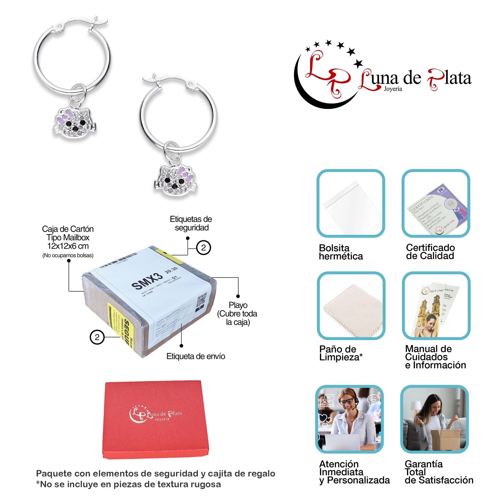 LPYAL002 Arracada Lisa con Colgante 19 mm Kitty Cubierta de Zirconias en Plata .925