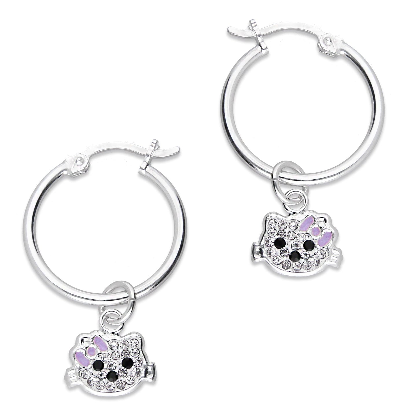 LPYAL002 Arracada Lisa con Colgante 19 mm Kitty Cubierta de Zirconias en Plata .925