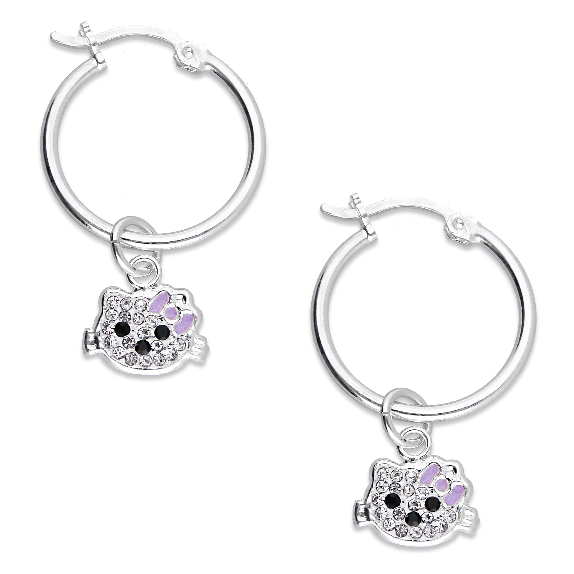 LPYAL002 Arracada Lisa con Colgante 19 mm Kitty Cubierta de Zirconias en Plata .925