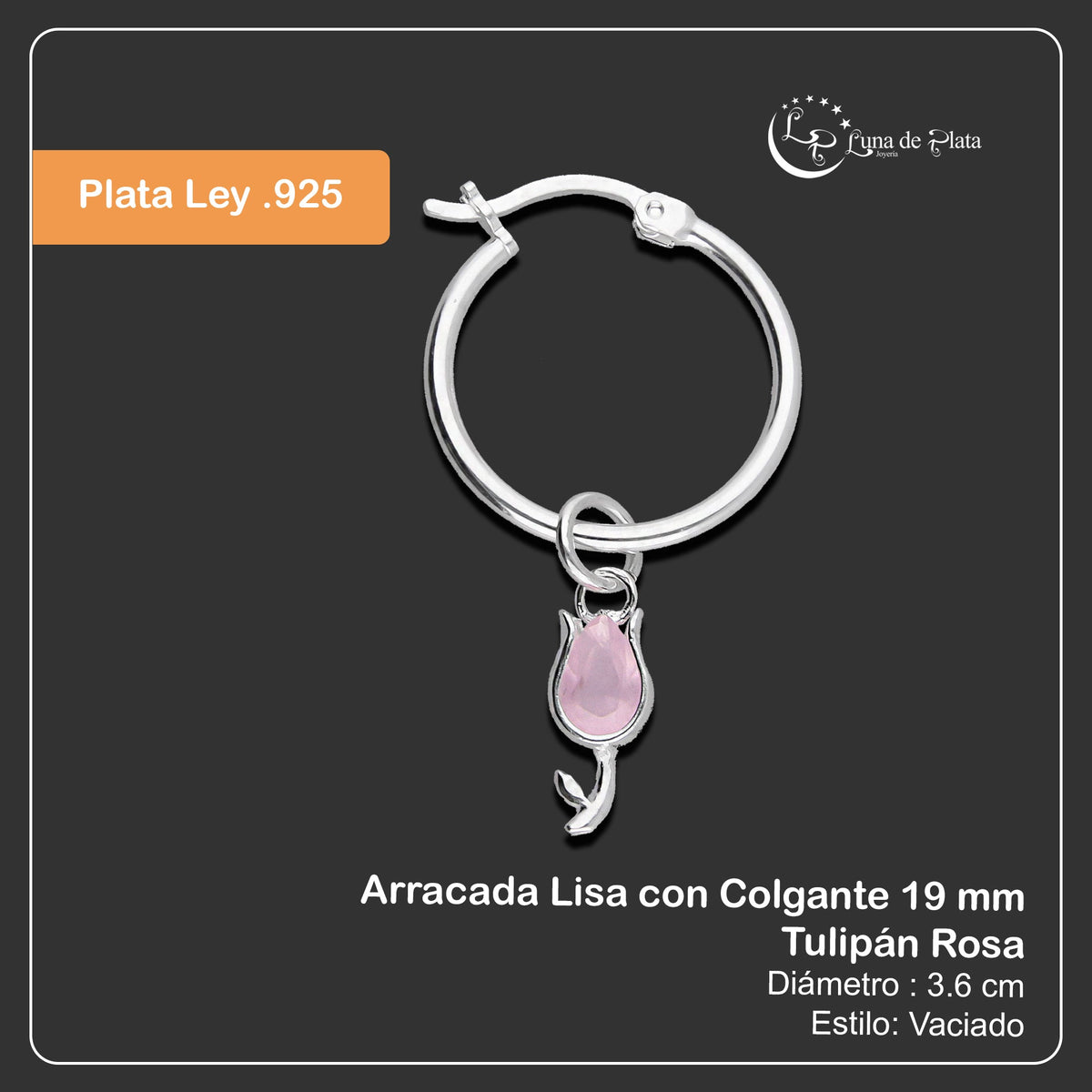 LPYAL003 Arracada Lisa con Colgante 19 mm Tulipán Rosa en Plata .925 5465072486