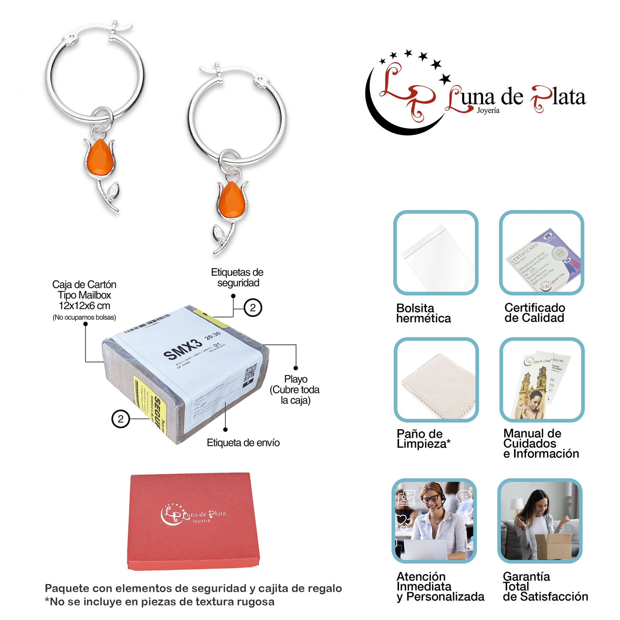 LPYAL004 Arracada Lisa con Colgante 19 mm Tulipán Naranja en Plata .925 5465300204