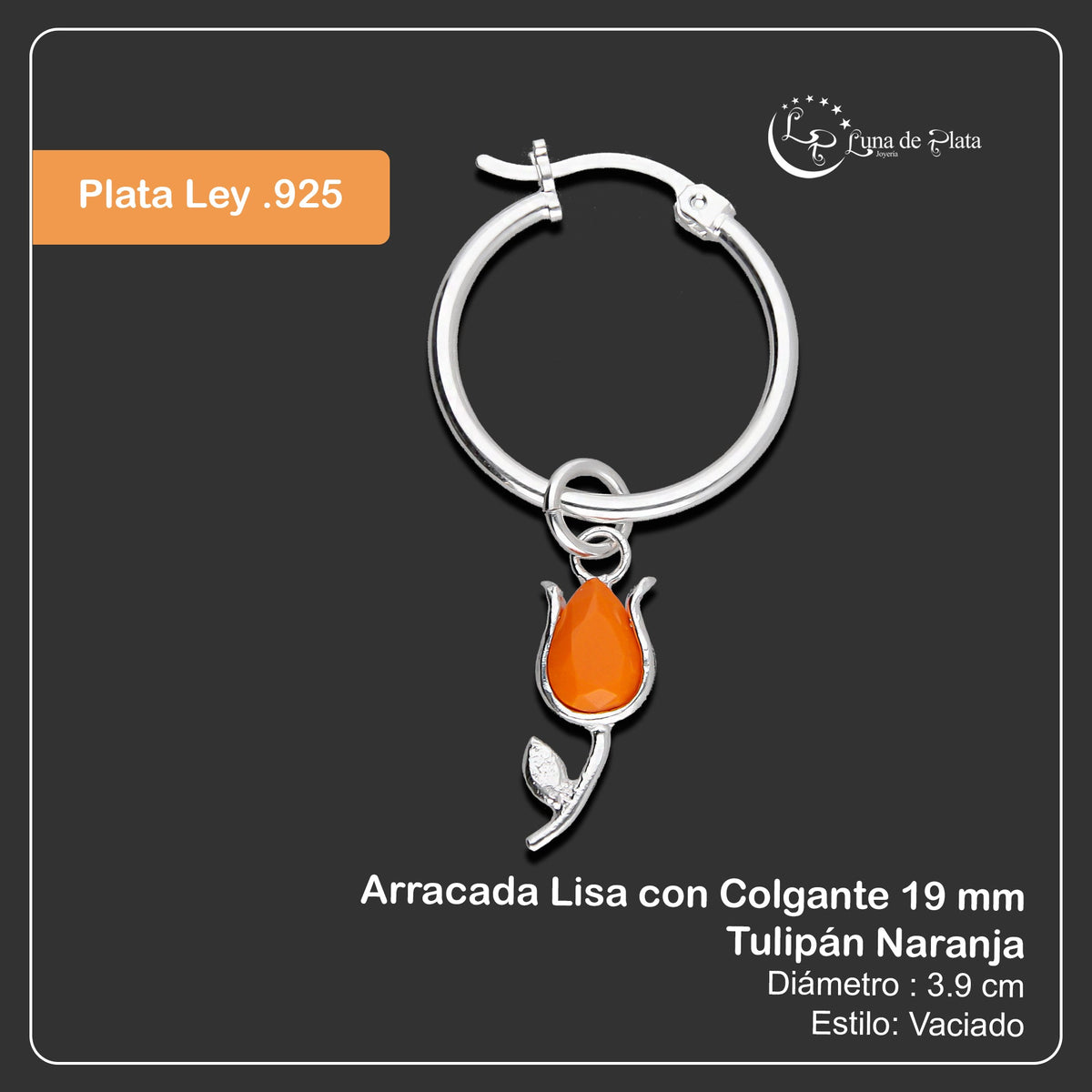 LPYAL004 Arracada Lisa con Colgante 19 mm Tulipán Naranja en Plata .925 5465300204