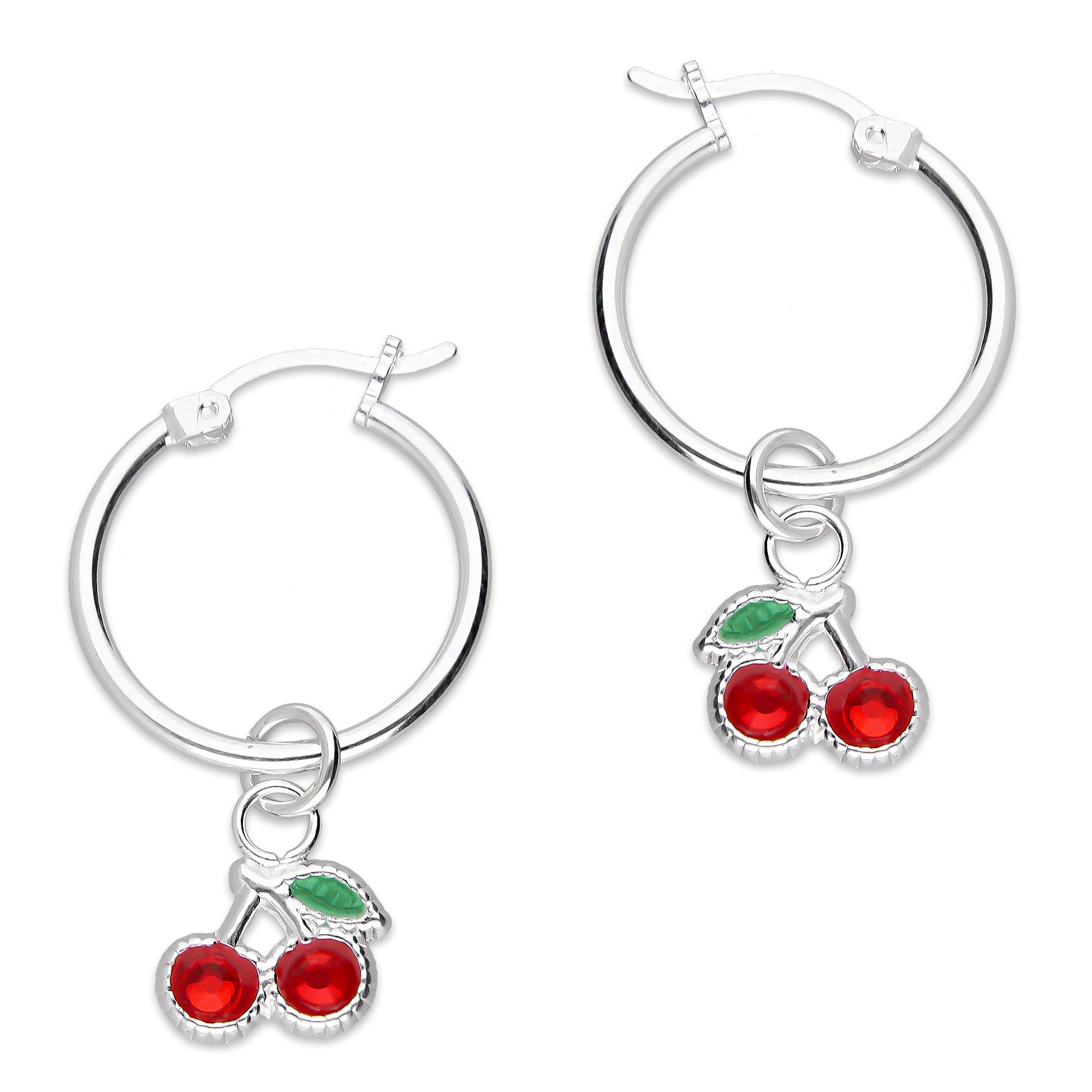 LPYAL005 Arracada Lisa con Colgante 19 mm Cereza Hojita Verde en Plata .925 5465110710