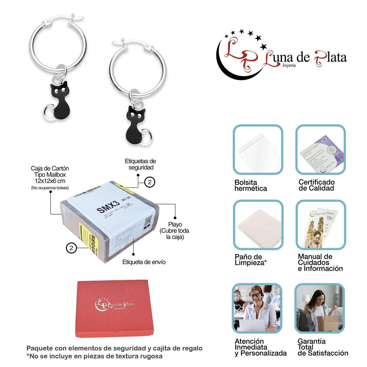 LPYAL007 Arracada Lisa con Colgante 19 mm Gatos Negros en Plata .925 5465198640
