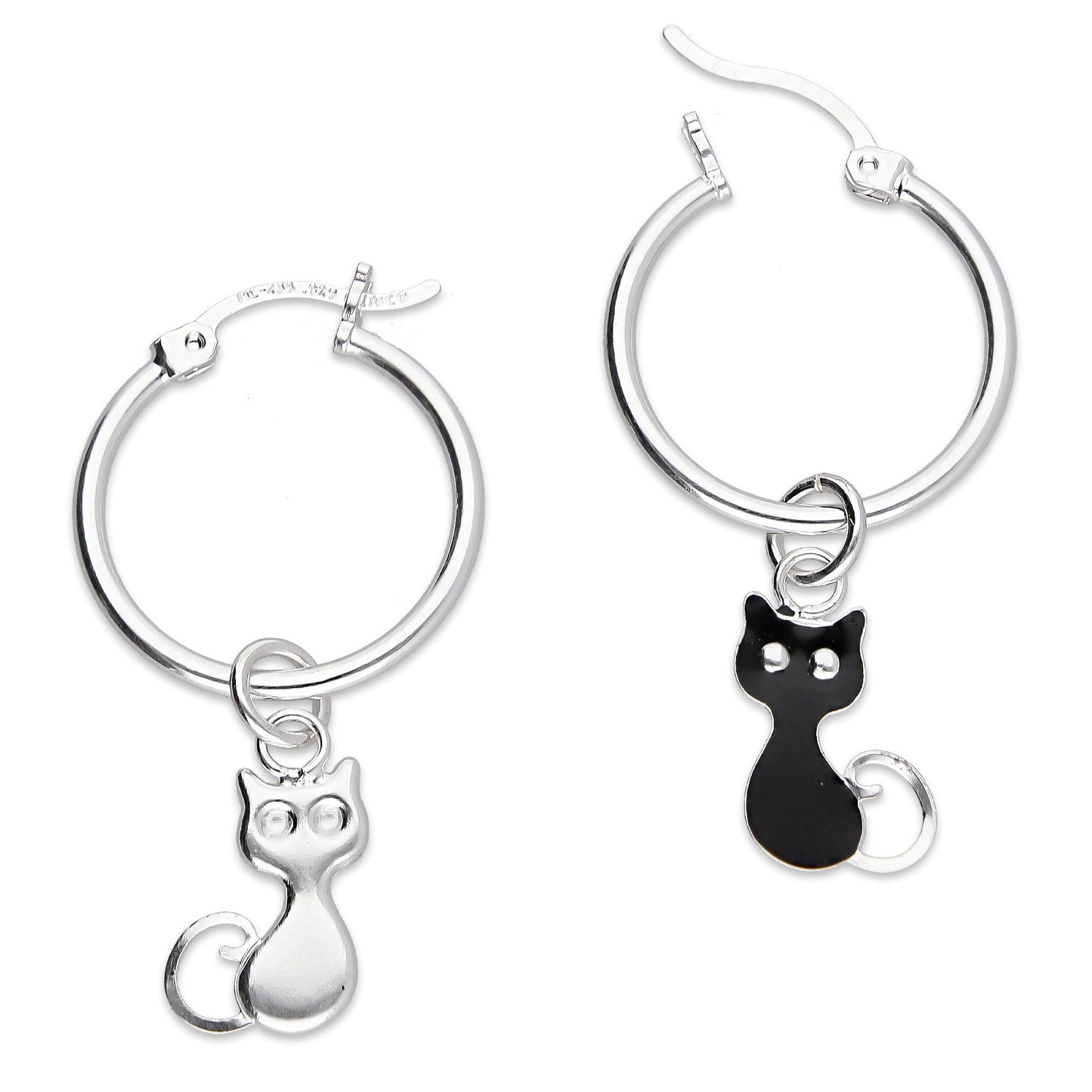 LPYAL007 Arracada Lisa con Colgante 19 mm Gatos Negros en Plata .925 5465198640