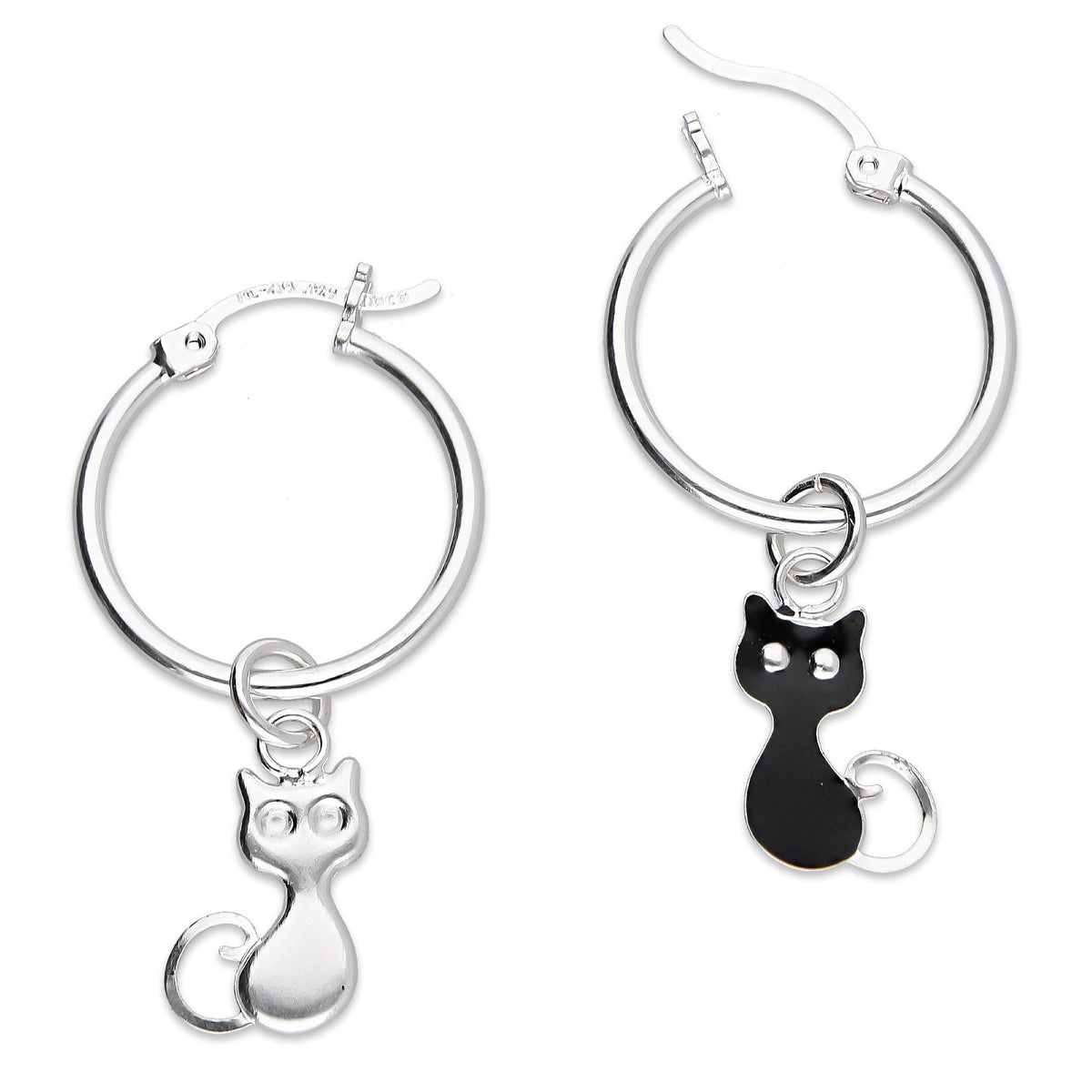LPYAL007 Arracada Lisa con Colgante 19 mm Gatos Negros en Plata .925 5465198640