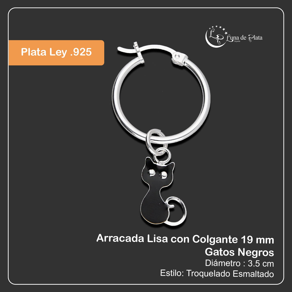 LPYAL007 Arracada Lisa con Colgante 19 mm Gatos Negros en Plata .925 5465198640