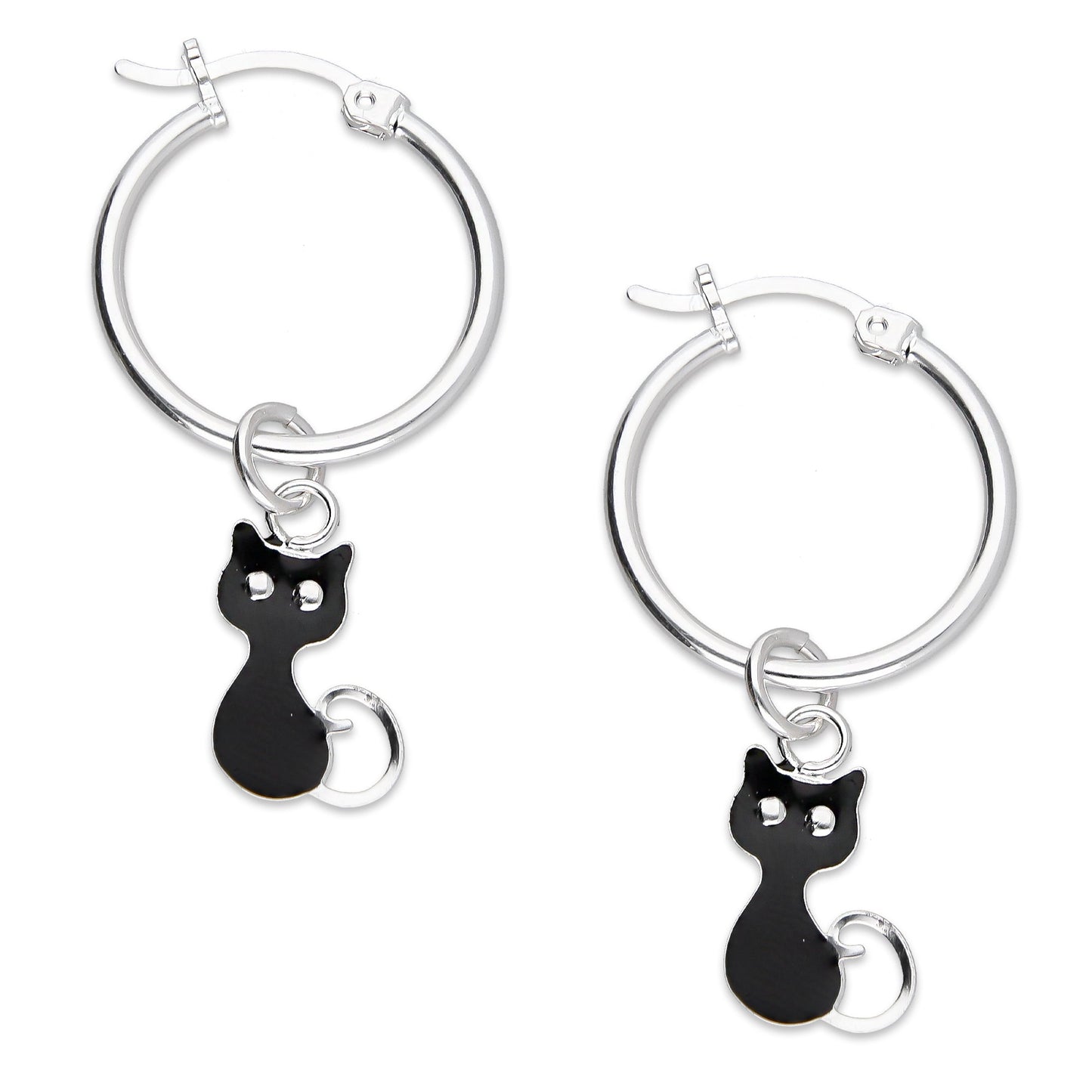 LPYAL007 Arracada Lisa con Colgante 19 mm Gatos Negros en Plata .925 5465198640