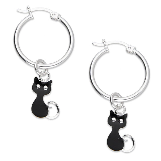 LPYAL007 Arracada Lisa con Colgante 19 mm Gatos Negros en Plata .925 5465198640