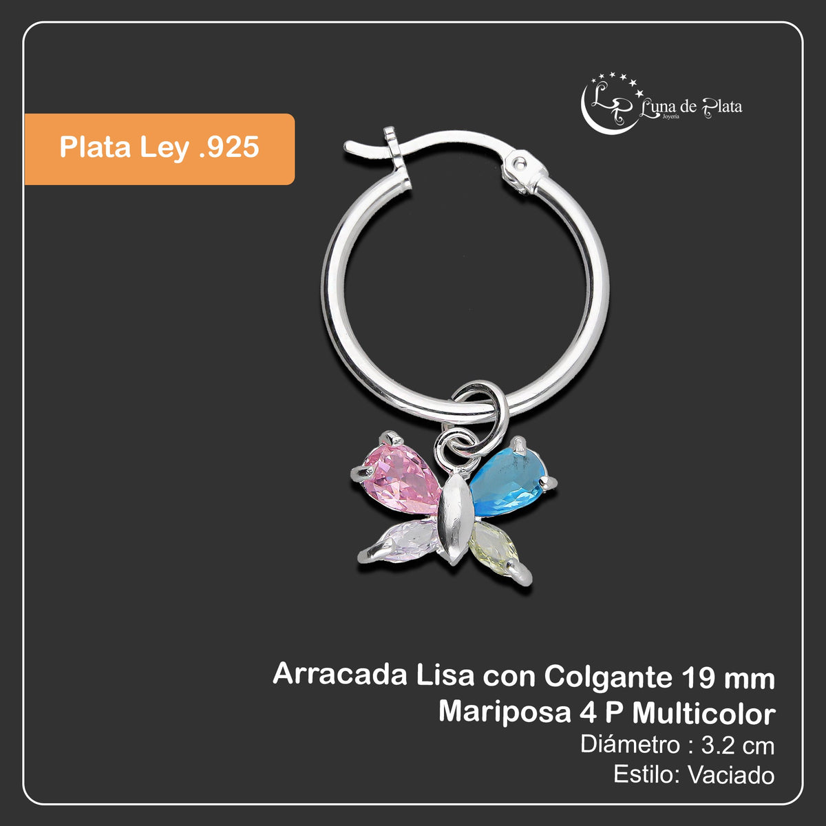 LPYAL008 Arracada Lisa con Colgante 19 mm Mariposa 4 P Multicolor en Plata .925 5465110722