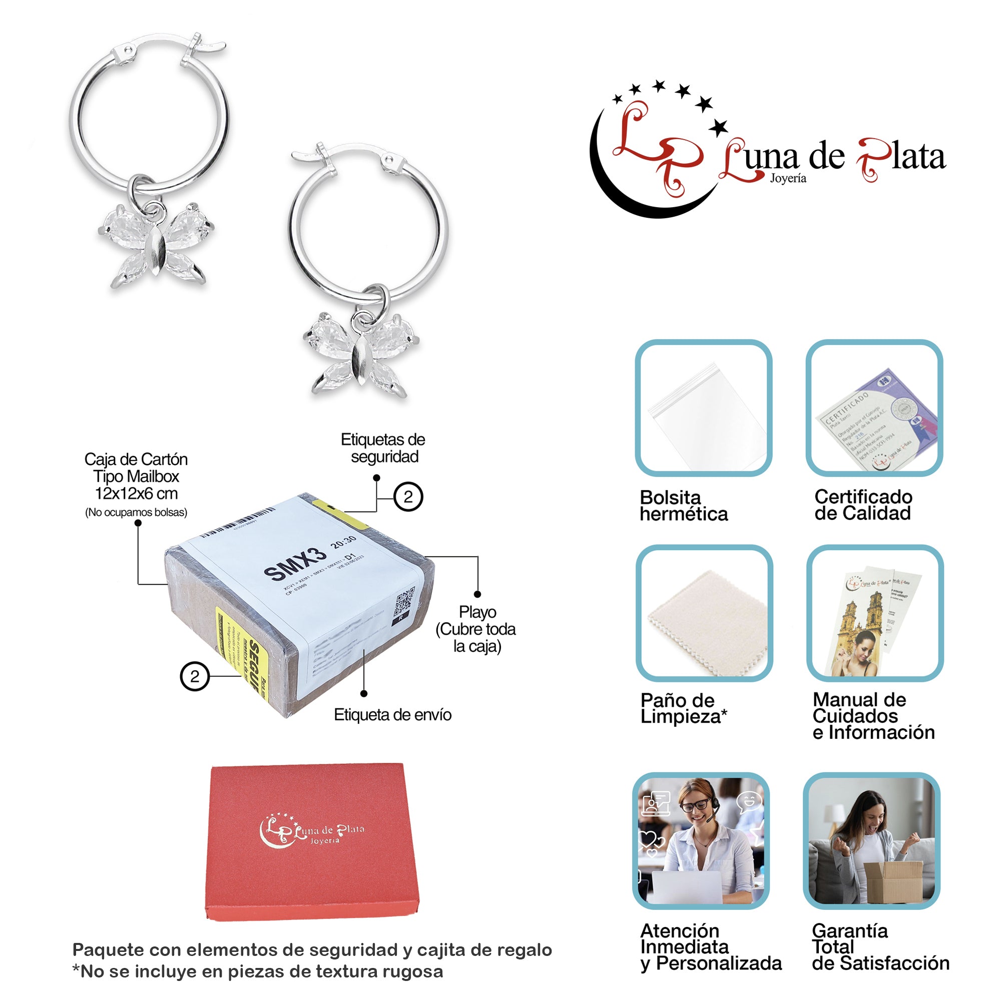 LPYAL009 Arracada Lisa con Colgante 19 mm Mariposa 4 P Blanca en Plata .925 5465072478
