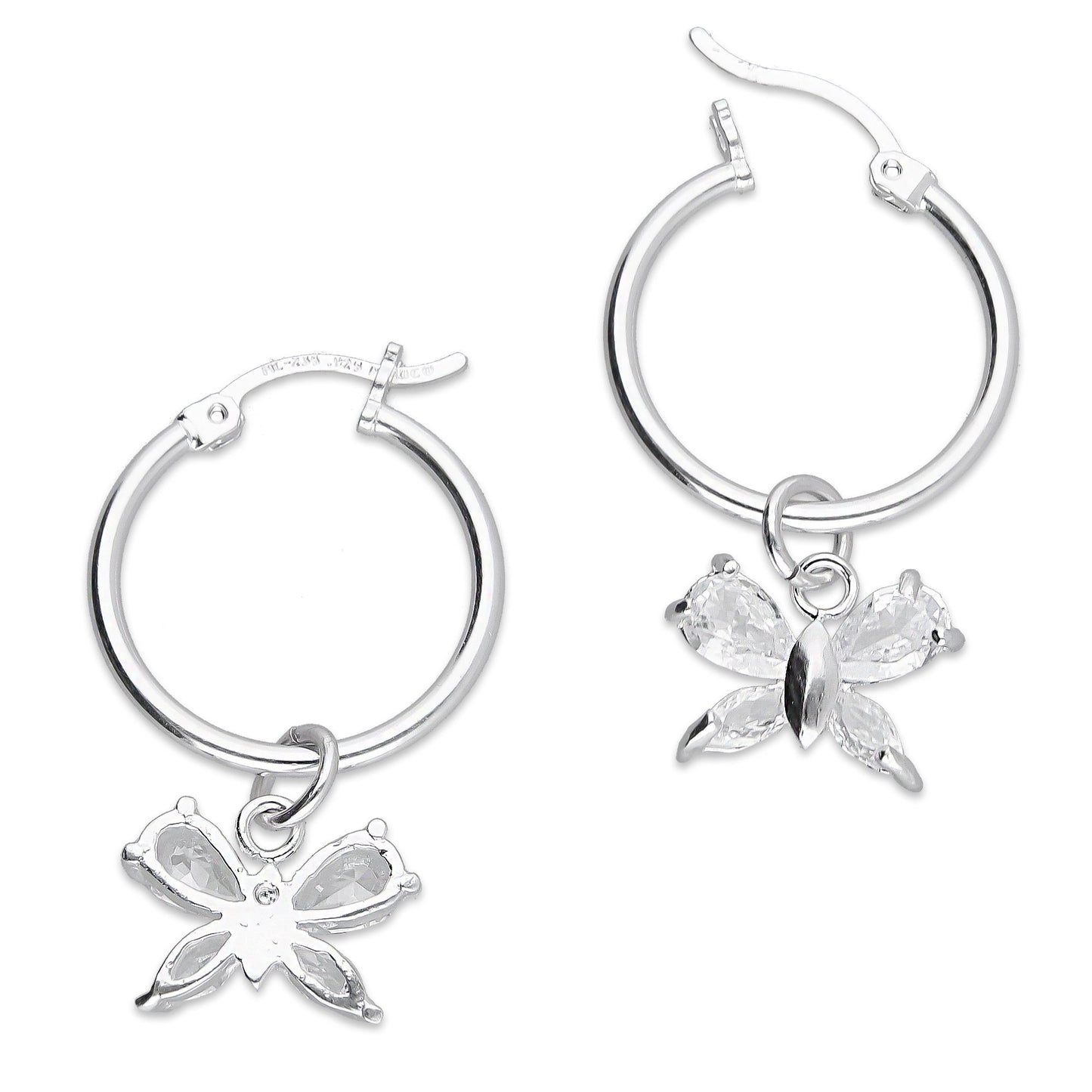 LPYAL009 Arracada Lisa con Colgante 19 mm Mariposa 4 P Blanca en Plata .925 5465072478