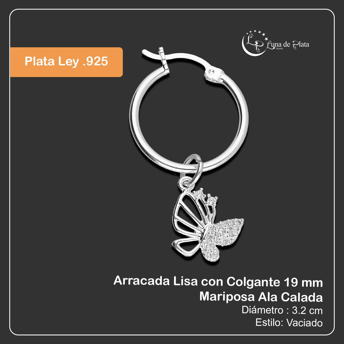 LPYAL010 Arracada Lisa con Colgante 19 mm Mariposa Ala Calada en Plata .925 5465300208