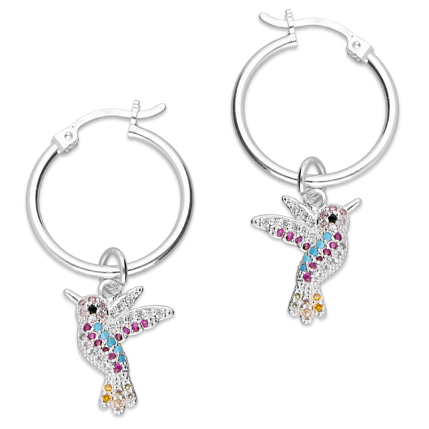 LPYAL012 Arracada Lisa con Colgante 19 mm Colibríes Multicolor en Plata .925 5465198642
