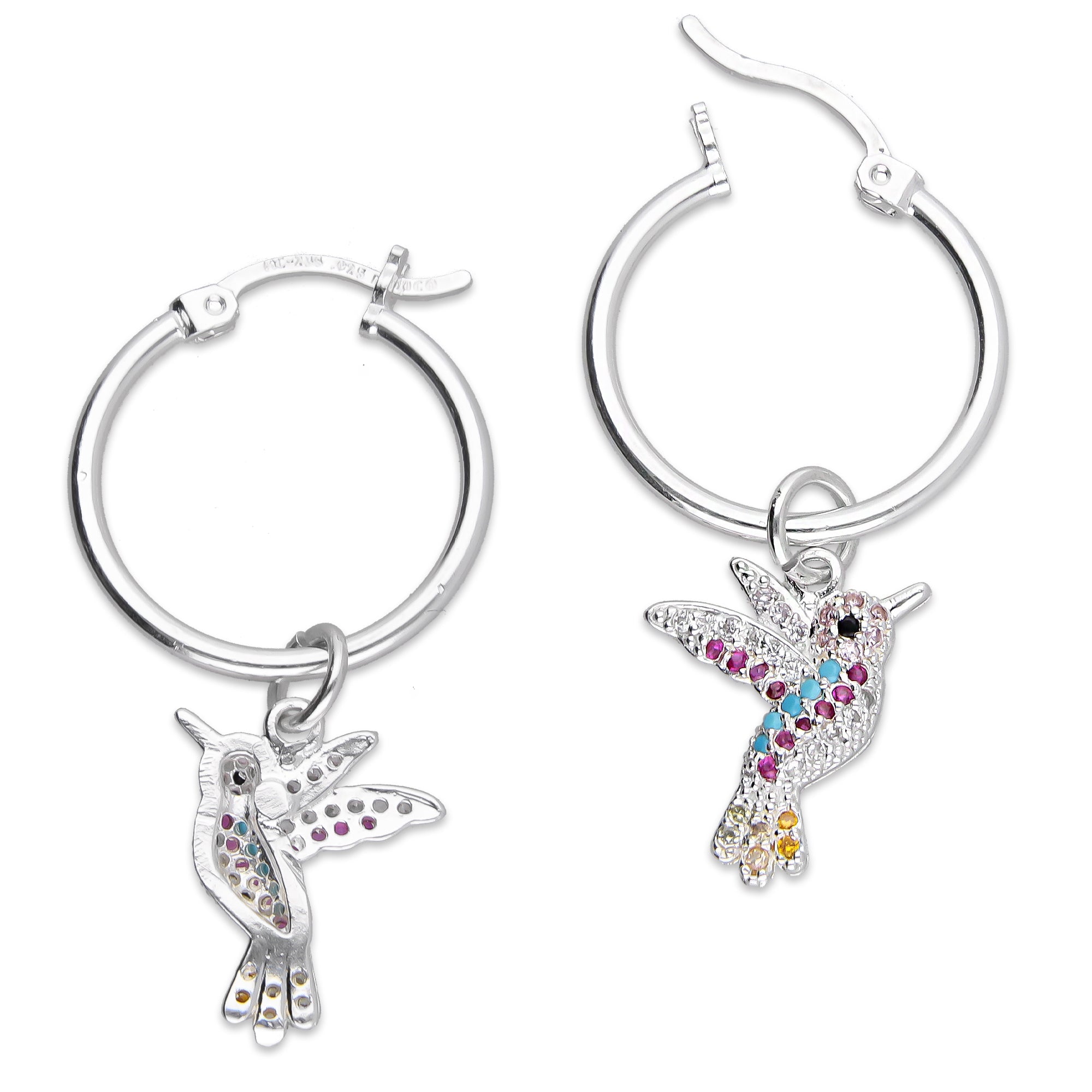 LPYAL012 Arracada Lisa con Colgante 19 mm Colibríes Multicolor en Plata .925 5465198642