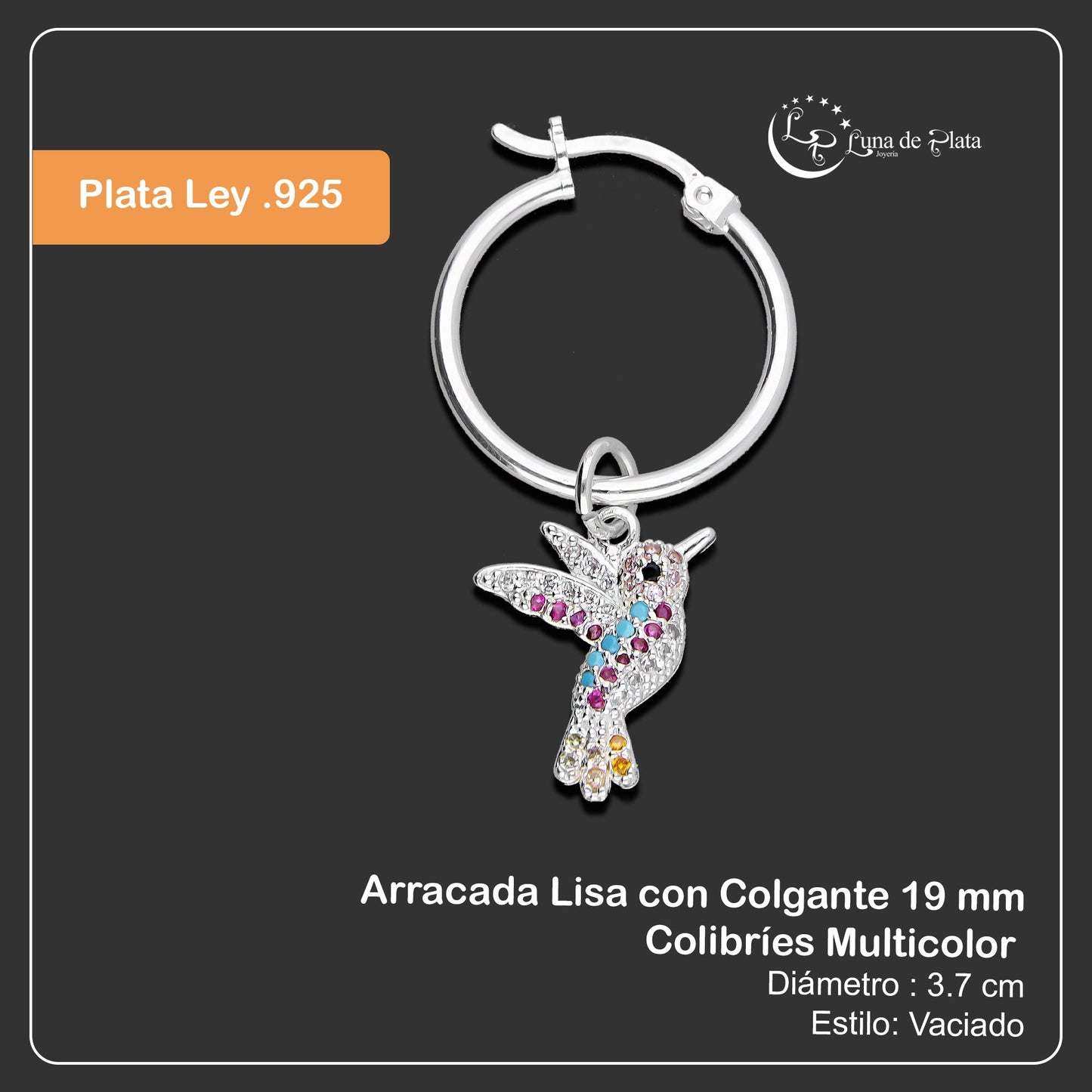 LPYAL012 Arracada Lisa con Colgante 19 mm Colibríes Multicolor en Plata .925 5465198642