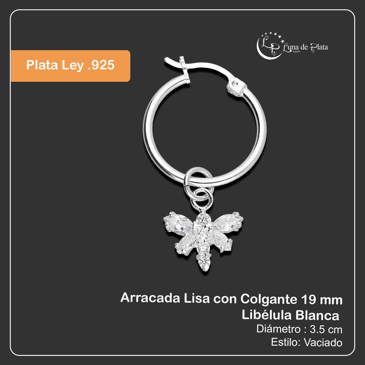 LPYAL013 Arracada Lisa con Colgante 19 mm Libélula Blanca en Plata .925 5465072482