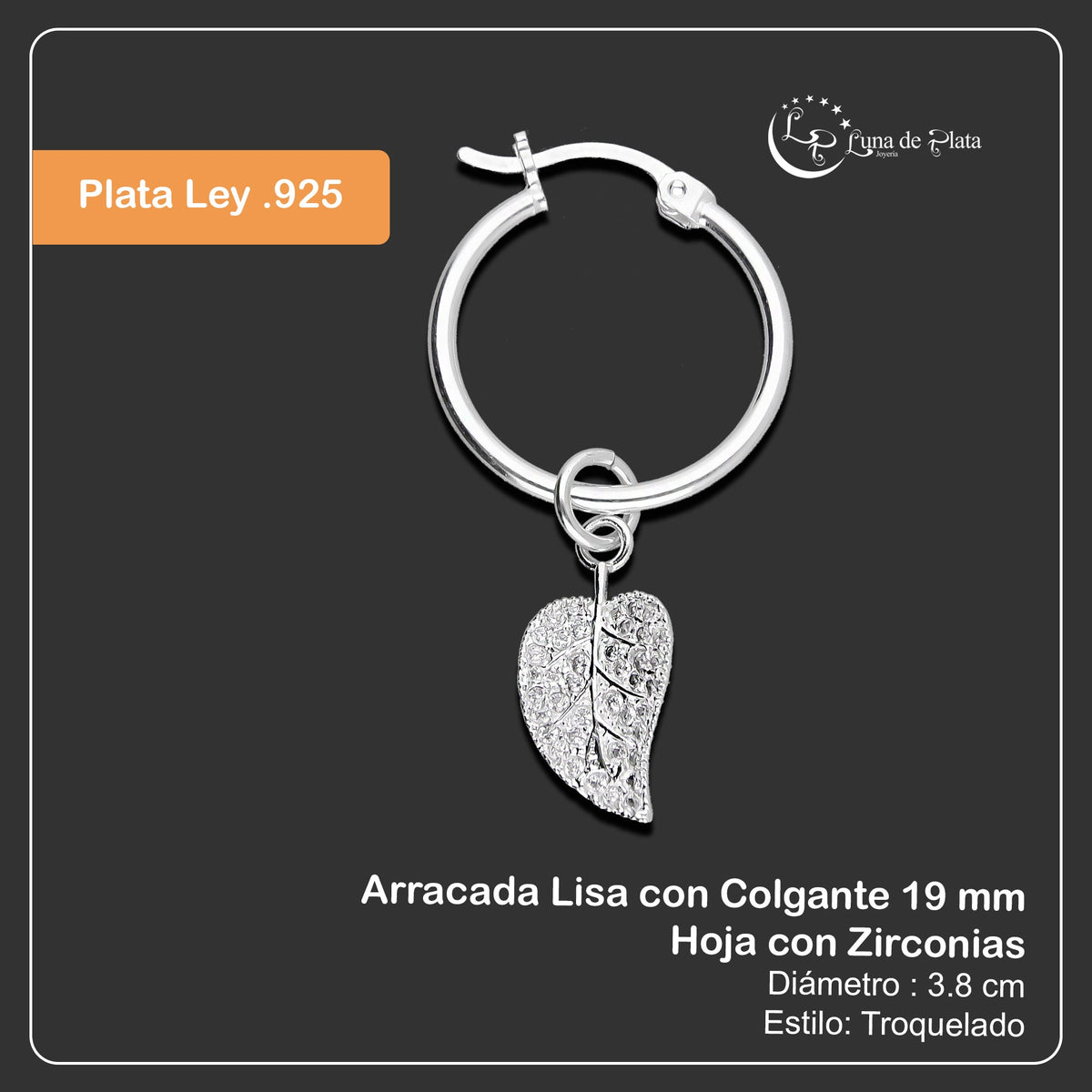 LPYAL018 Arracada Lisa con Colgante 19 mm Hoja con Zirconias en Plata .925 5465300210