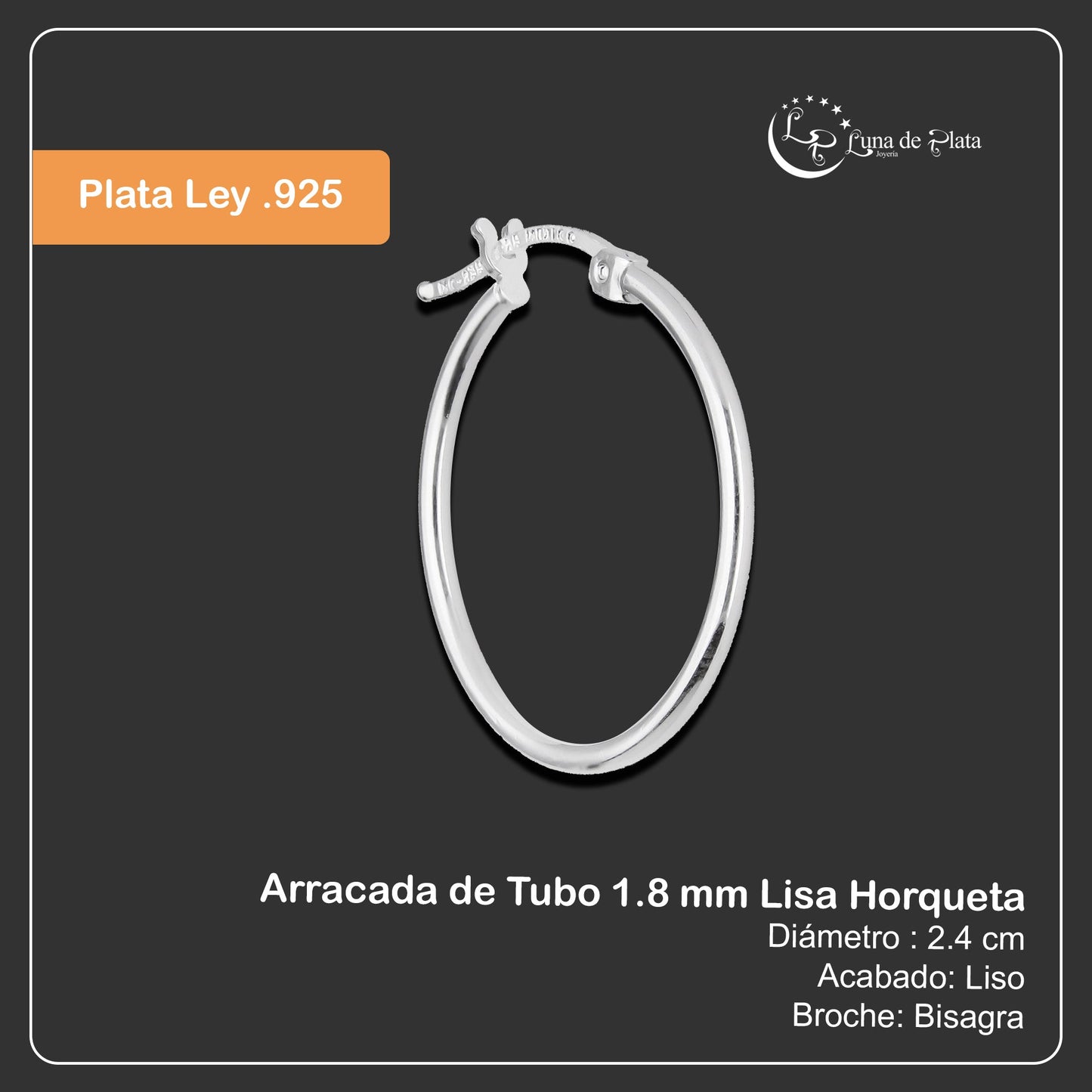 LPAL066 Arracada de Tubo 1.8 mm Lisa Horqueta 2.4 cm Diametro en Plata .925 5570389668