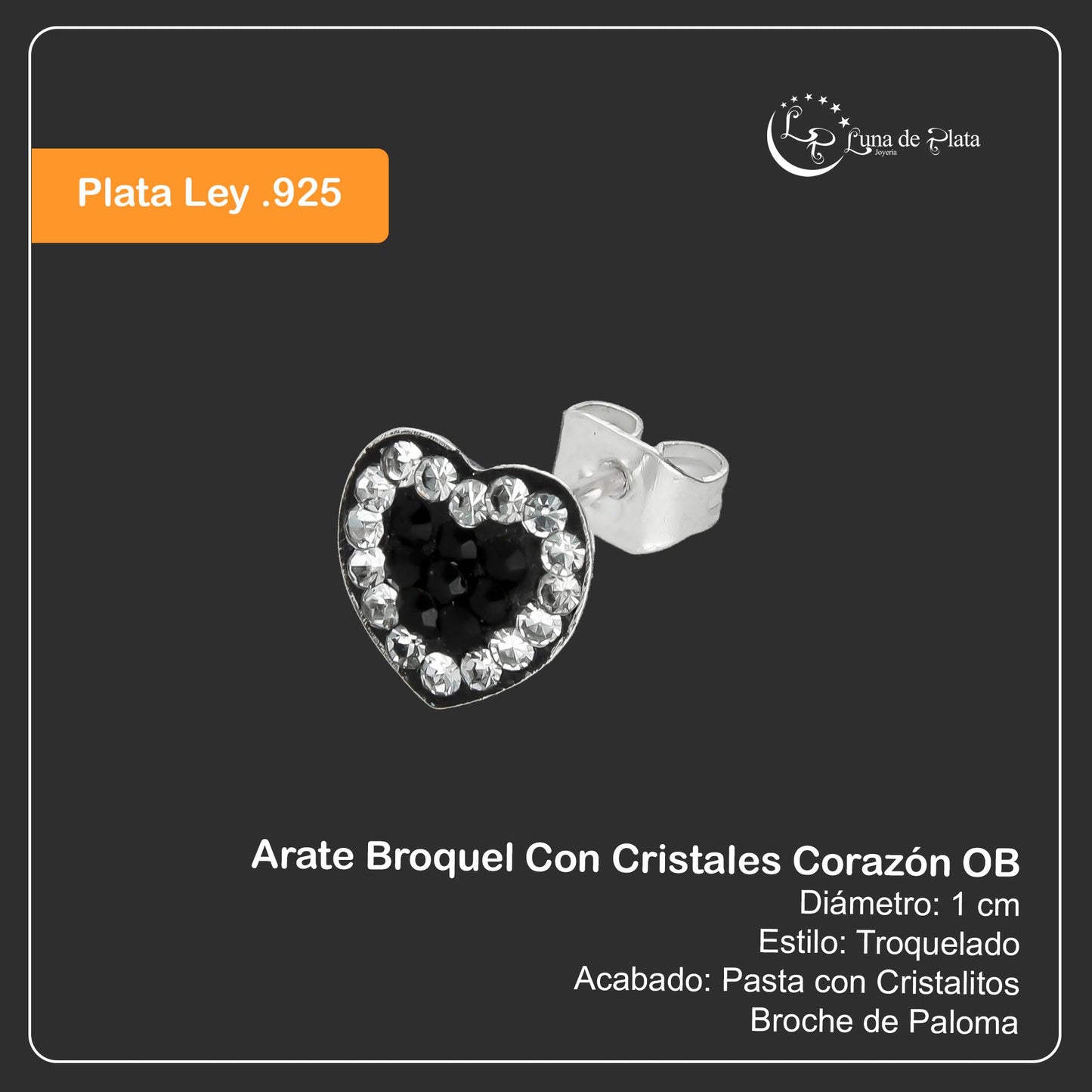 LPAP011 Arete Broquel Plata .925 Con Cristales Corazón OB TaxcoMLM910004292