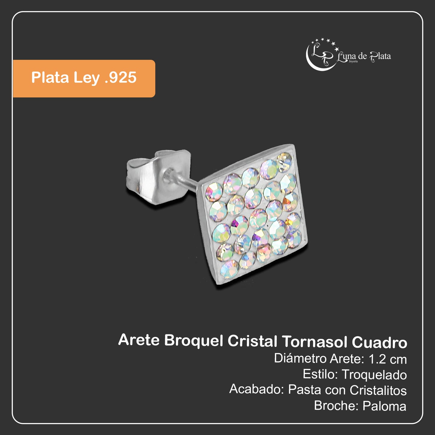 LPAP022 Arete Broquel Cristal Tornasol Cuadro Plata Ley .925 Taxco 1353228100