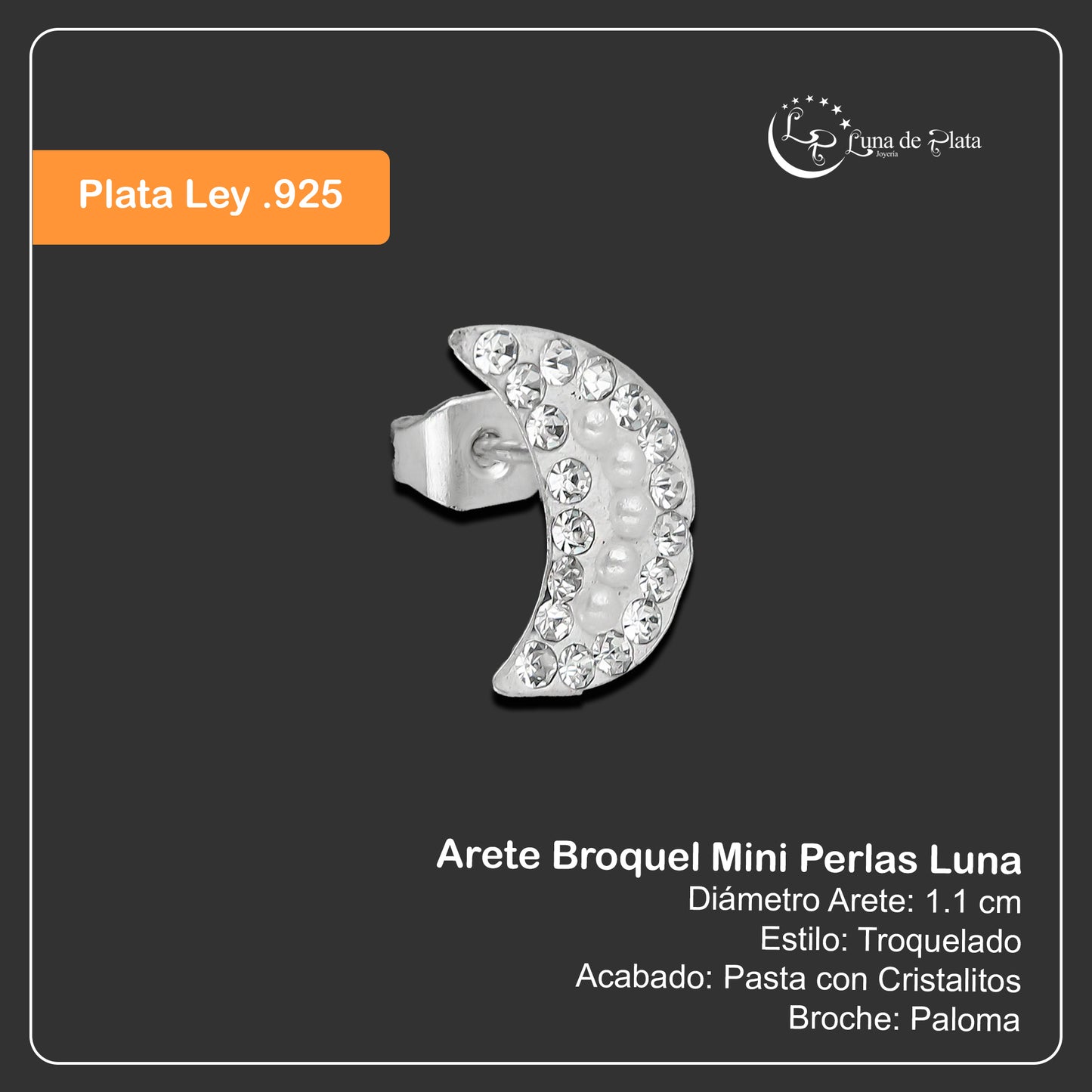 LPAP027 Arete Broquel Mini Perlas Luna Plata Ley .925 Taxco 1353211593