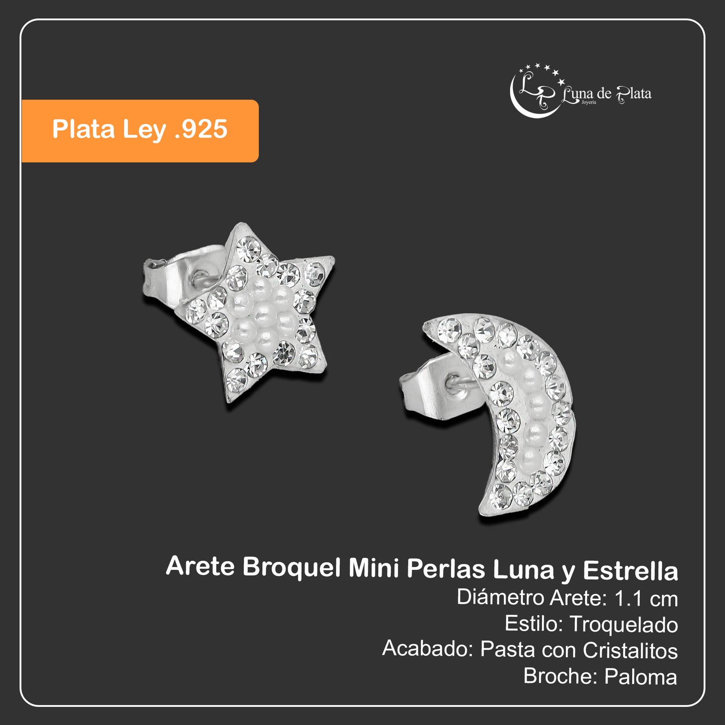 LPAP028 Arete Broquel Mini Perlas Luna y Estrella Plata Ley .925 Taxco 1353256385