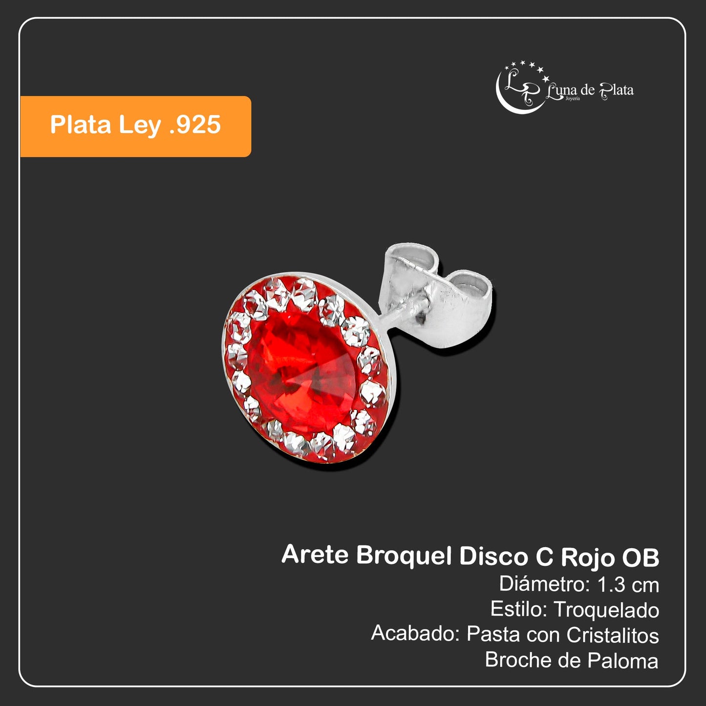 LPAP060 Arete Broquel Disco C Rojo OB en Plata .925 Taxco 1991666533