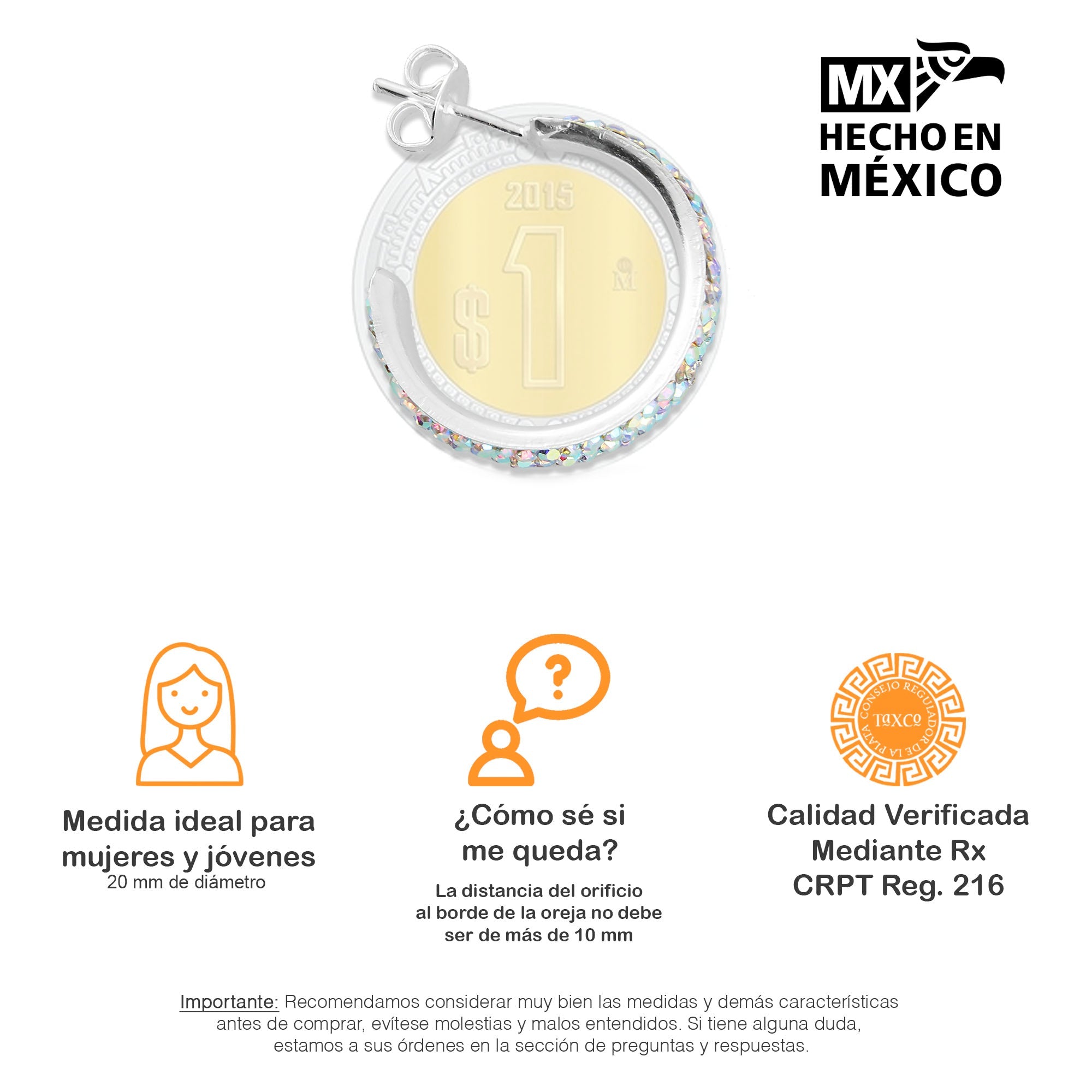 LPAP071 Arracada Poste 5 mm Blanca Torna Cristalitos Plata .925 Taxco 2020397067