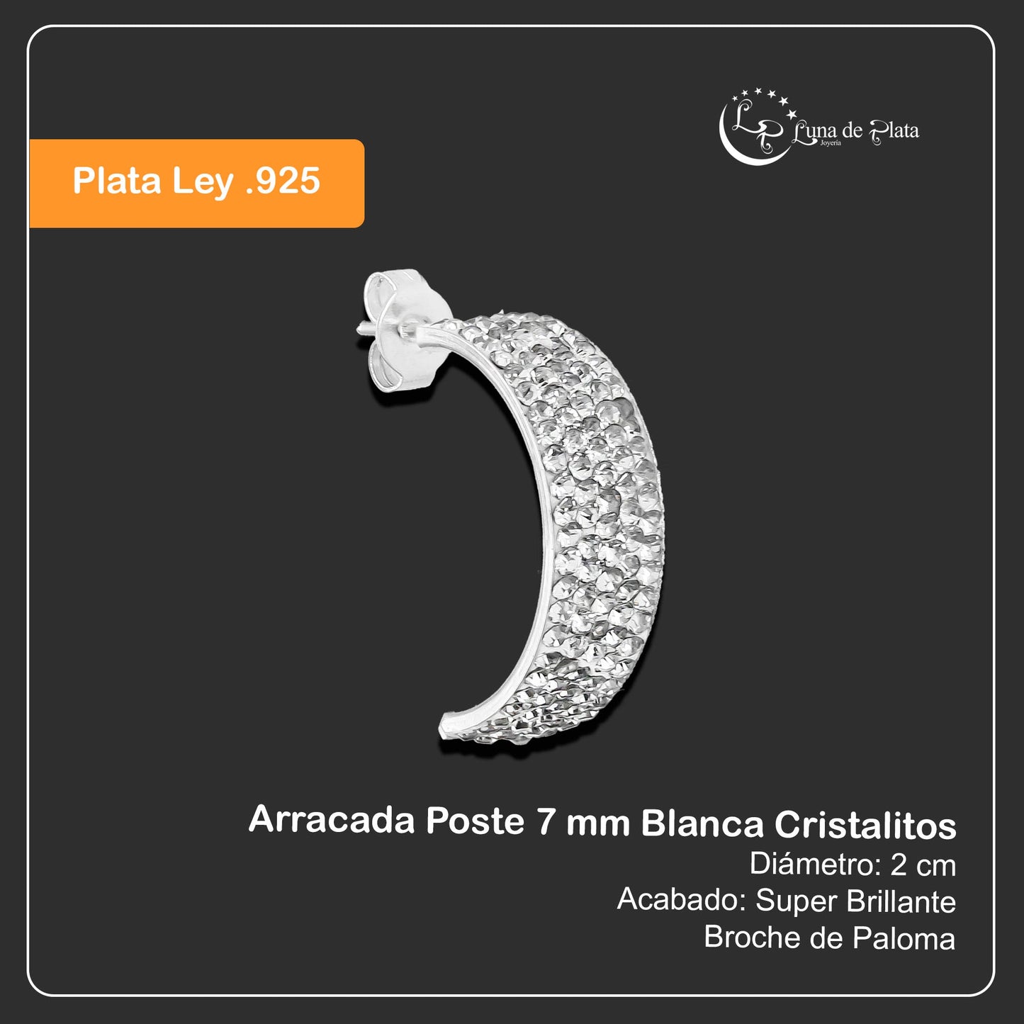 LPAP073 Arracada Poste 7 mm Blanca Cristalitos Plata .925 Taxco 2878725678