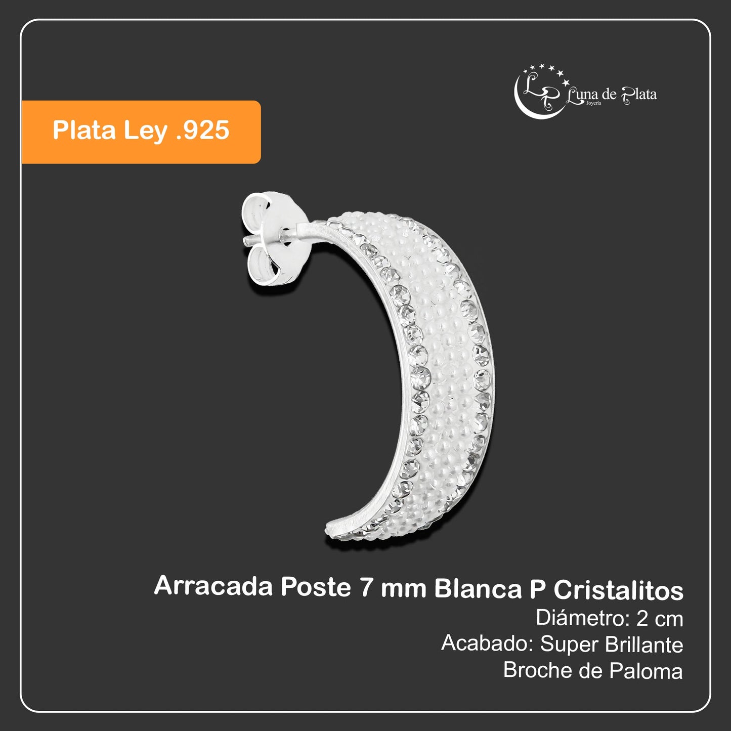 LPAP074 Arracada Poste 7 mm Blanca P Cristalitos Plata .925 Taxco 2020525431