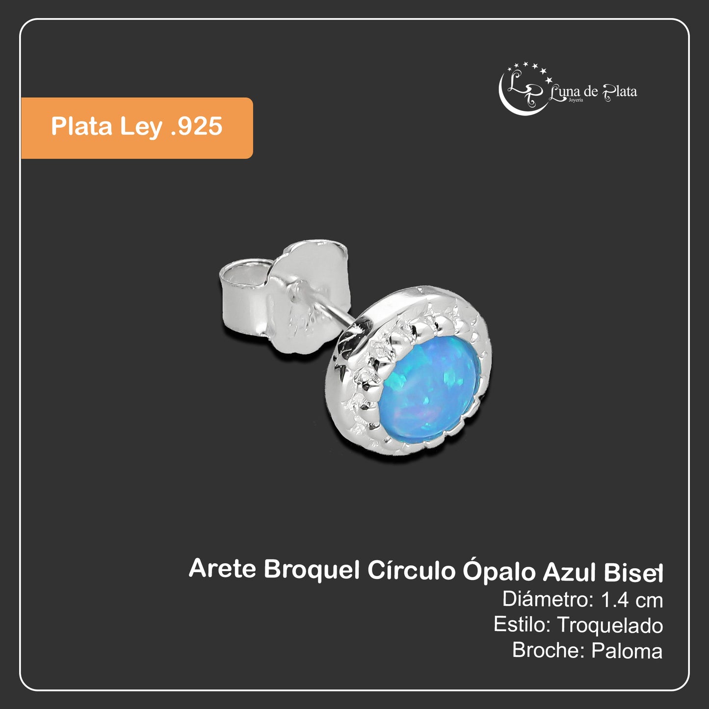 LPAP102 Arete Broquel Círculo Ópalo Azul Bisel Plata .925 Taxco 3138152754