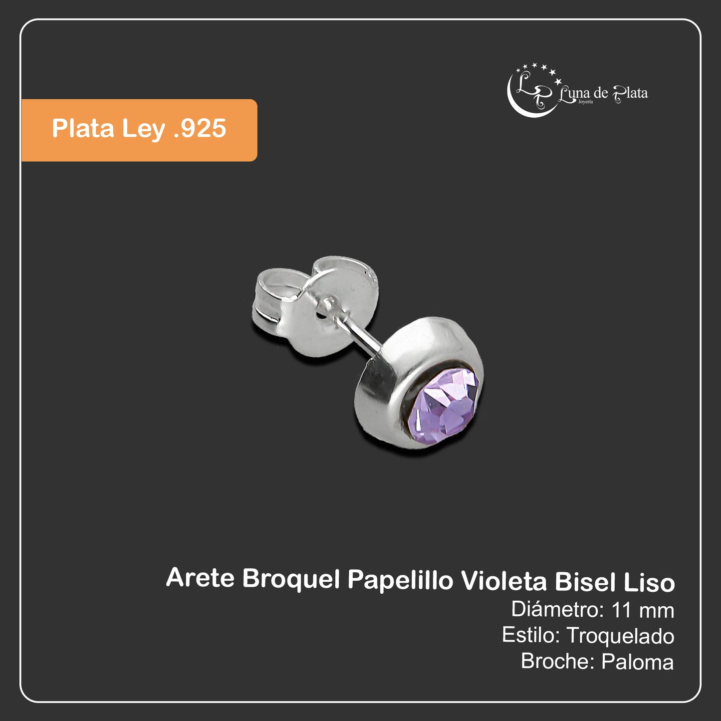 LPAP107 Arete Broquel Papelillo Violeta Bisel Liso Plata .925 Taxco 2090396625